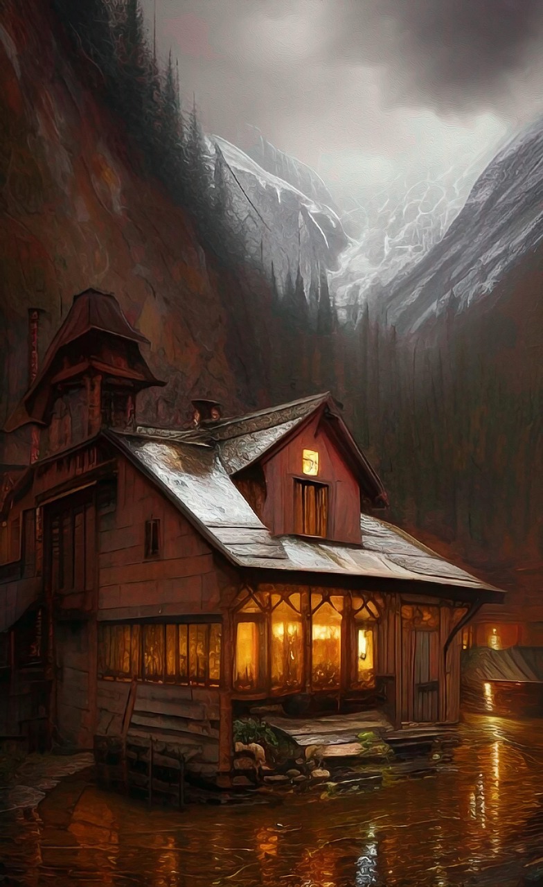 cabin, mountains, cottage, home, house, landscape, setting, calm, nature, ai generated, vacation, winter, phone wallpaper, cellphone wallpaper, wallpaper, cover, book cover, cover art