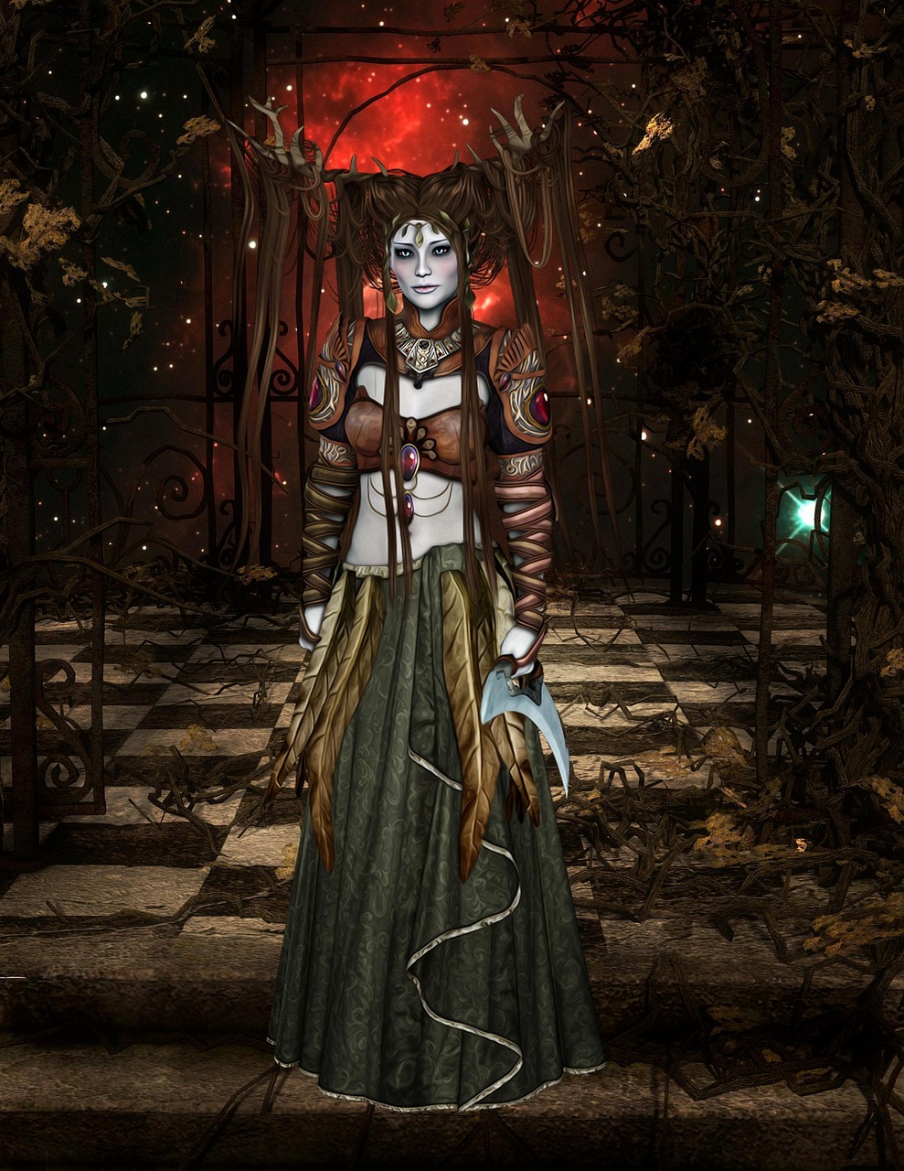 background, room, ruins, tree, wizard, fantasy, character, digital art, digital artwork