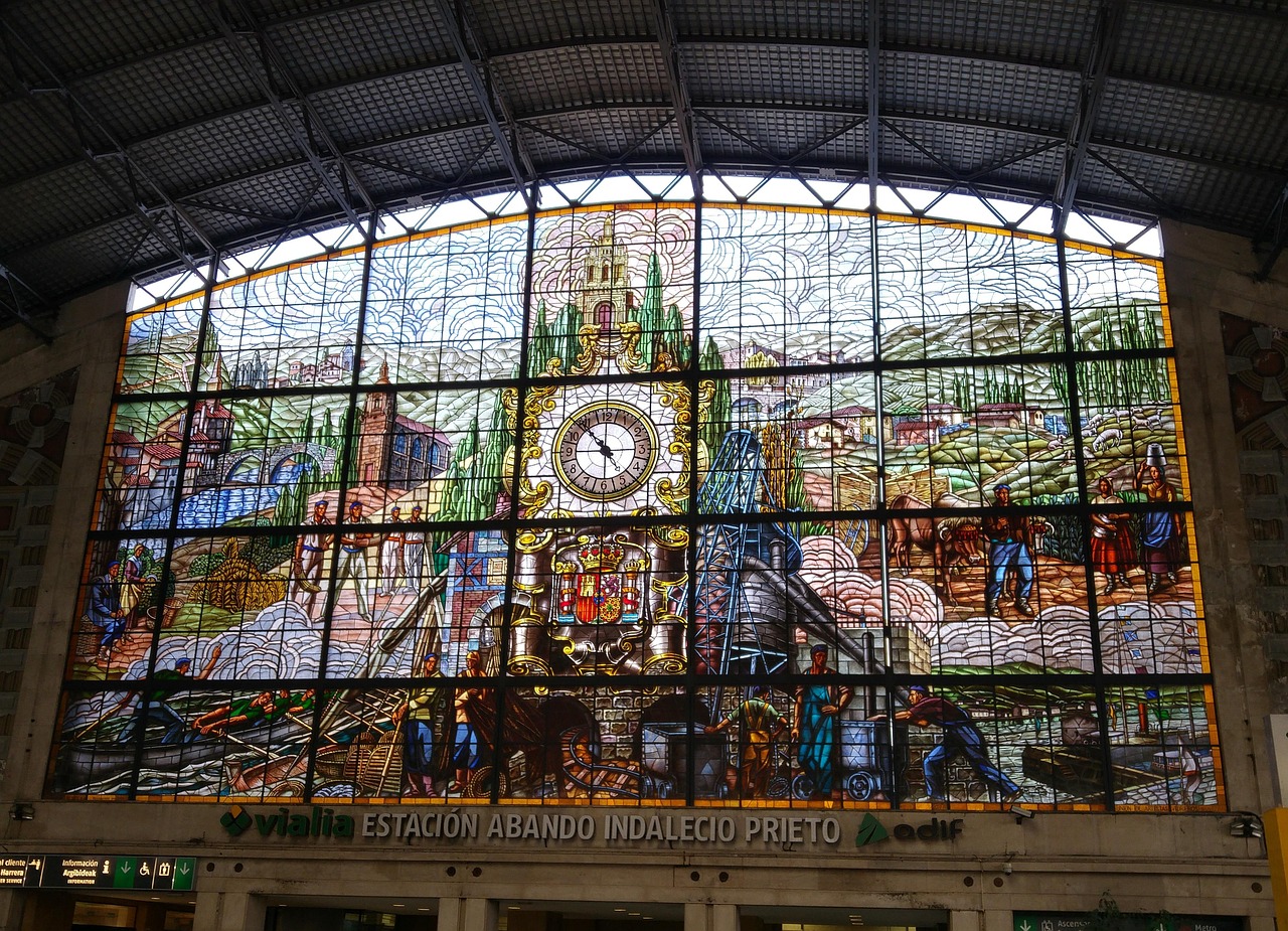 facade, train station, bilbao, spain, opaque glass window, clock