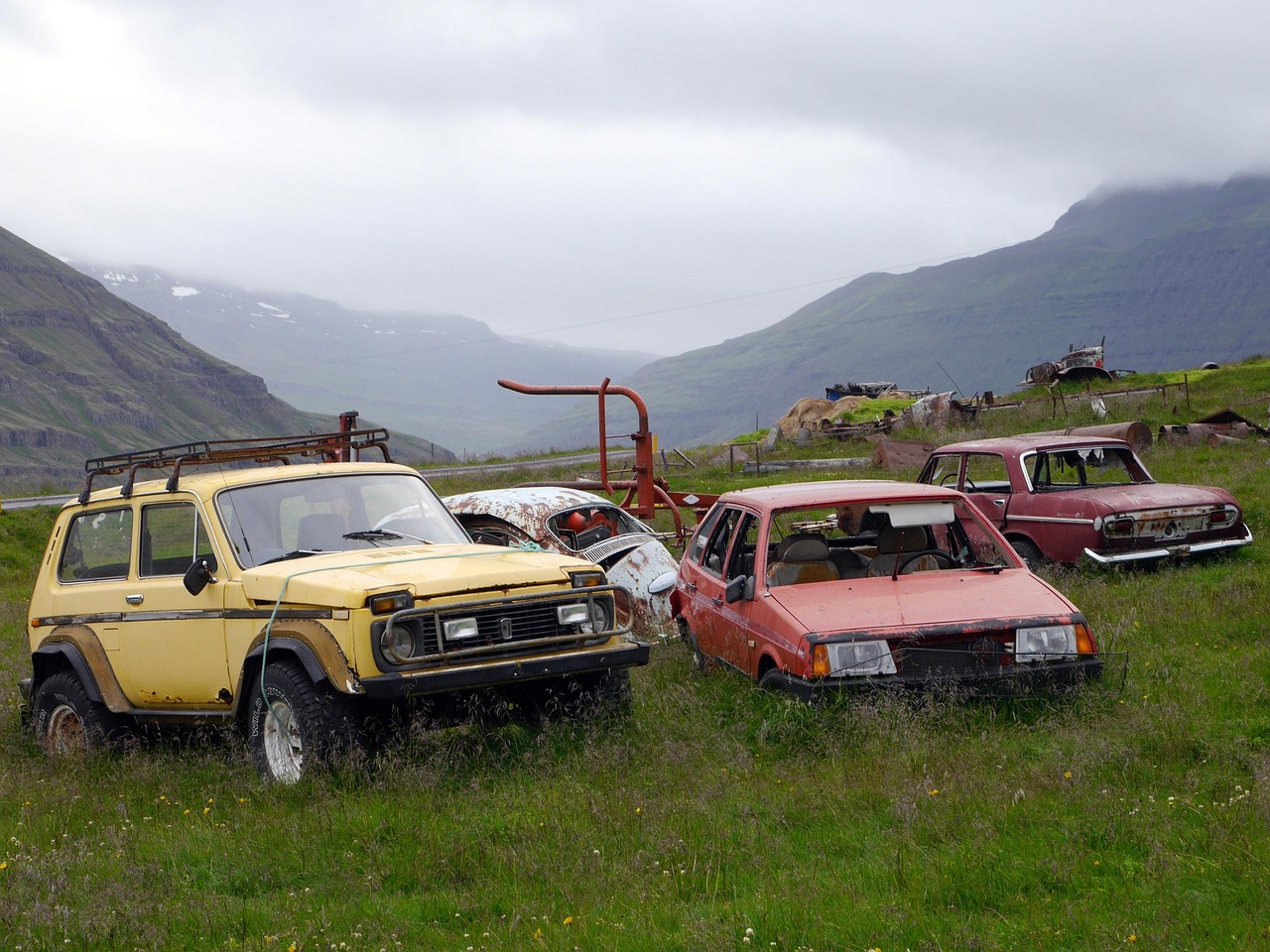 scrapyard, cars, scrap, old, grass, mountains, the sky, island, nature, country, ecology