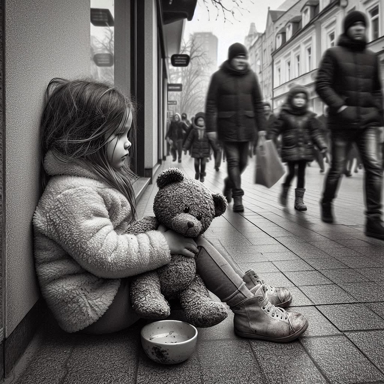 ai generated, child, teddy bear, neglect, alone, lonliness, sad, girl, childhood
