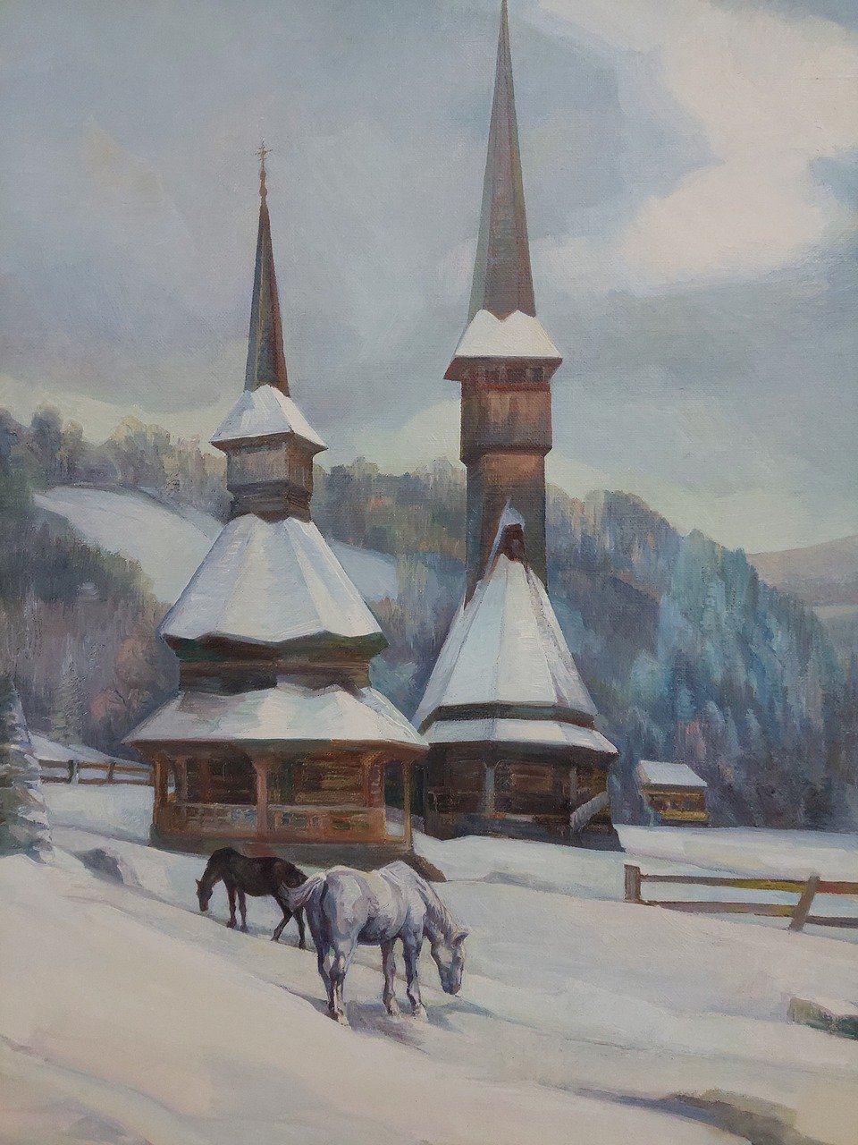art, painting, winter, church, maramures, creativity