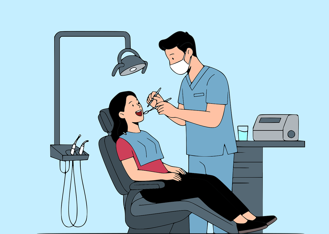 dentist, dental, patient, checkup, hygiene, oral health, teeth, doctor, clinic, healthcare, medical, examination, professional, treatment, appointment, mouth, routine, cleaning, cavity, cartoon