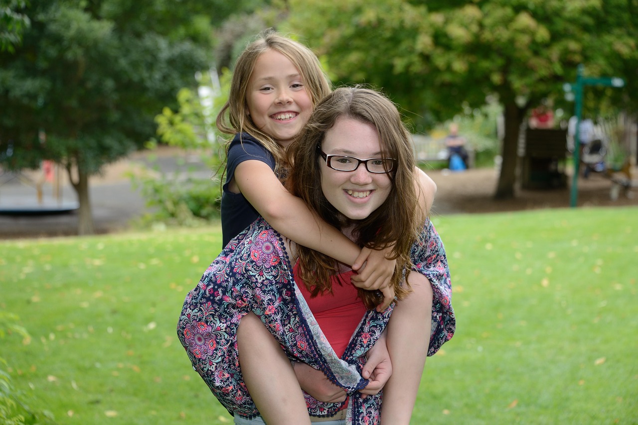 two, young, girls, piggyback, happy, park, relationship, green happy, green park, green happiness