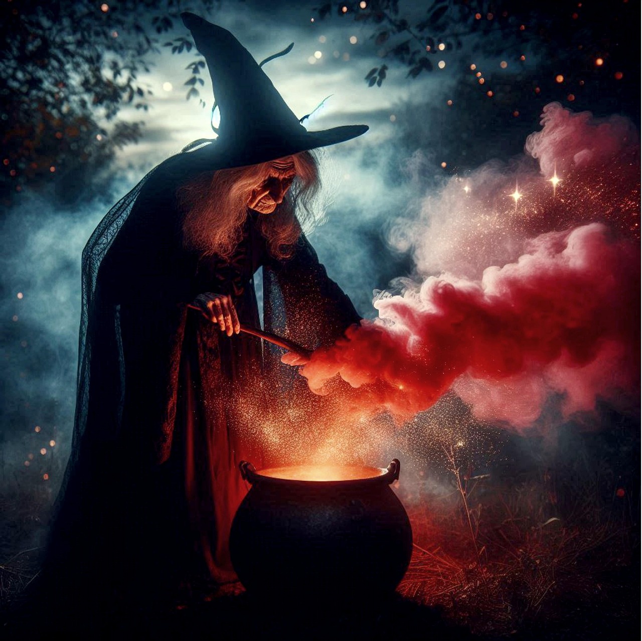 ai generated, witch, cauldron, smoke, ritual, halloween, old, magic, woman, fantasy, witchcraft, gruesome, mystical, night, silhouette, fire bowl, fire