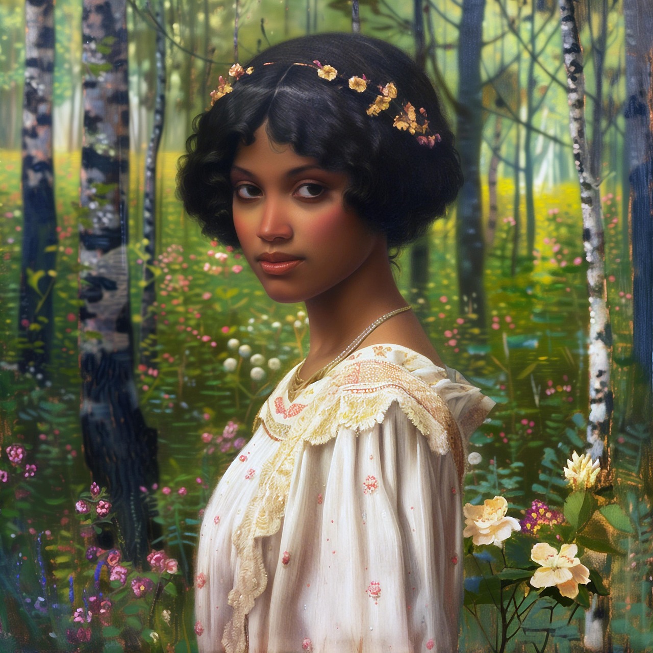 ai generated, woman, beauty, young, verdant, spring, ethereal, forest, feminine, delicate, dreamy, floral crown, soft gaze, pastoral, serenity, sun-dappled, reflective, nature-inspired, vintage, dress, flowers, timeless, elegance, elegant