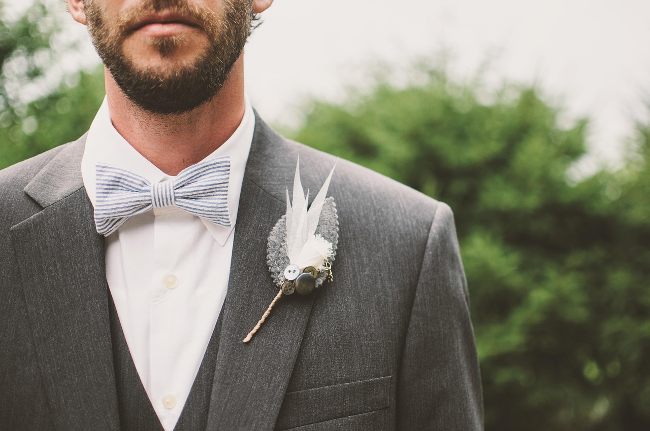 groom, beard, bow tie, brooch, fashion, formal, formal coat, guy, man, suit, wear, wedding, style, stylish, men's fashion, bearded man