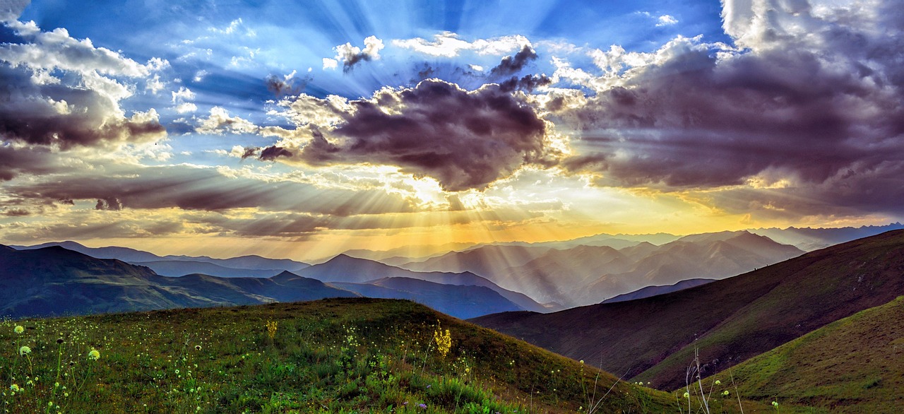 sunset, dawn, nature, mountains, landscape, grass, peaceful, grassland, clouds, highland, outdoor, environment, summer, hiking, hills