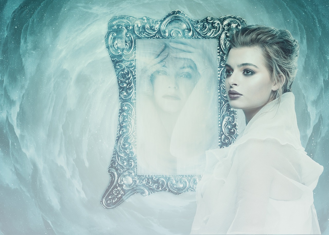 woman, mirrors, psyche, depression, personality, mirror image, composing, image editing