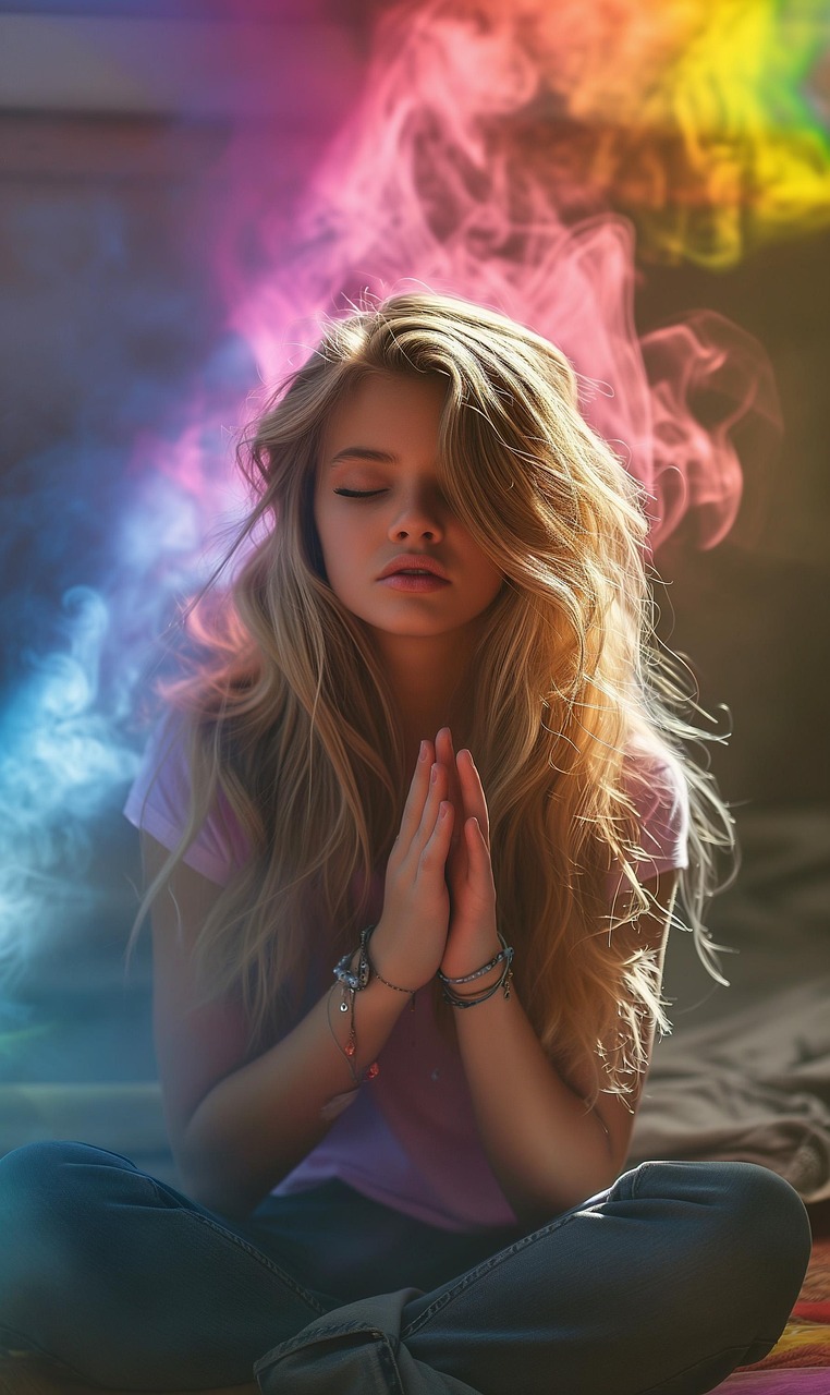ai generated, woman, meditation, colorful, aura, serene, beauty, chakra, spiritual, calm, vapor, mist, vivid, zen, composure, contemplative, holistic, neon, glow, peace, portrait