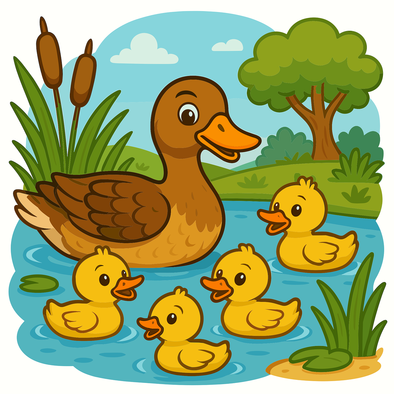 duck, ducklings, pond, water birds, nature, wildlife, cartoon duck, mother duck, family animals, countryside scene, ai generated