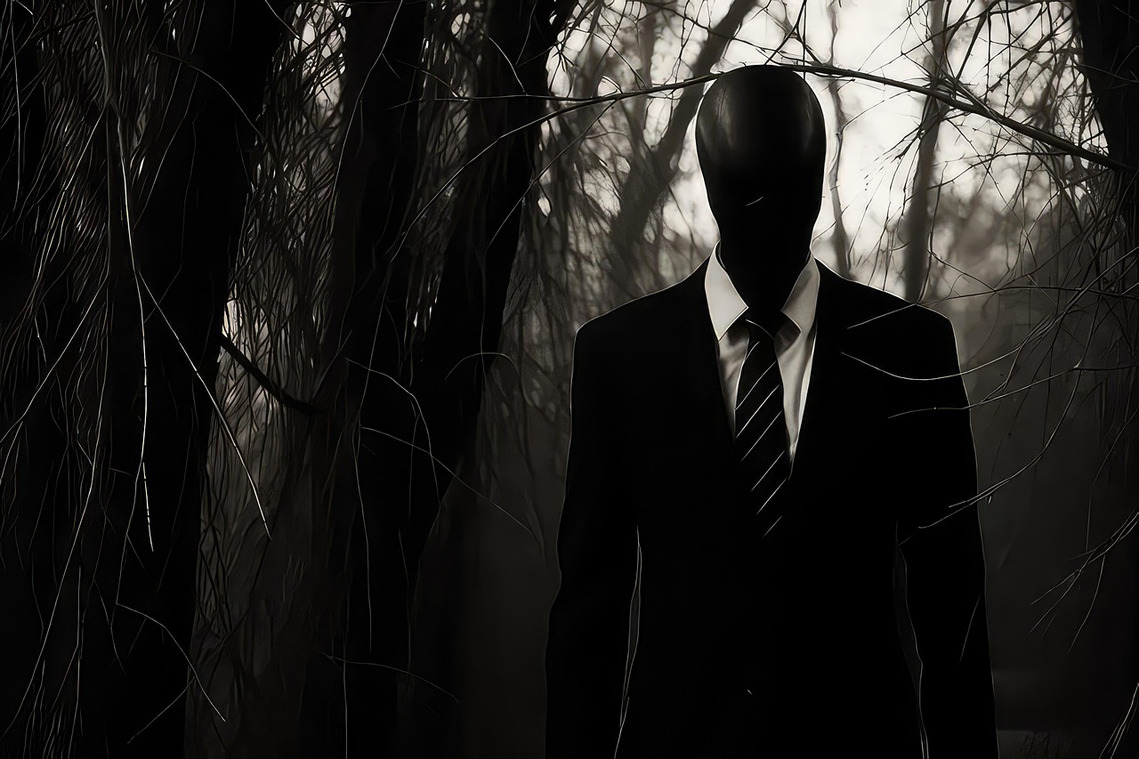 ai generated, slenderman, vintage, old, creepy, horror, scary, forest, fear, faceless, mysterious, monster, nightmare
