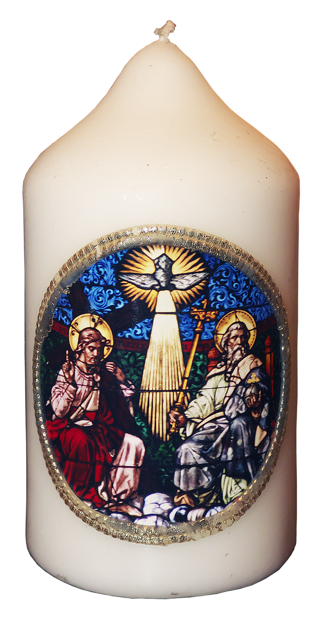 candle, wax candle, wax picture, religious, trinity, catholic, religion, christian, christianity, a devotional object, faith, piety, isolated