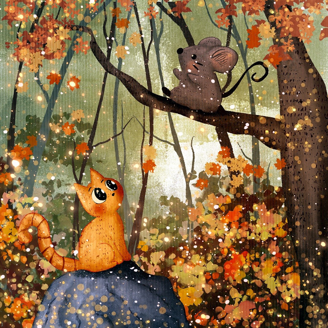 cat, mouse, woods, forest, autumn, fall, leaves, character, cute, fairy tale, fun, happy, nature, animal, cartoon