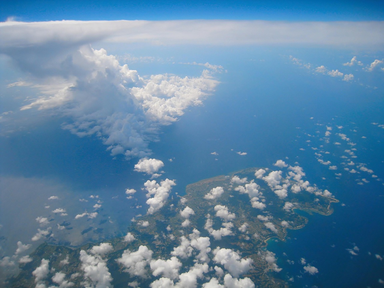 aerial photograph, cloud, sea, sky, white, blue, okinawa, arnto masako, japan, cumulonimbus, island, okinawa prefecture