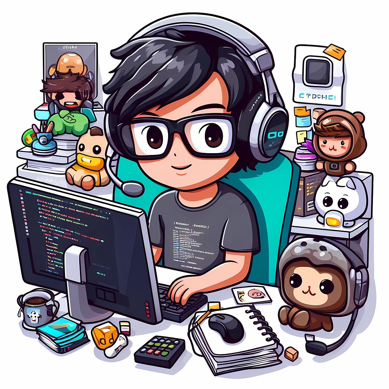 ai generated, man, desk, computer, programmer, office, figure, cartoon