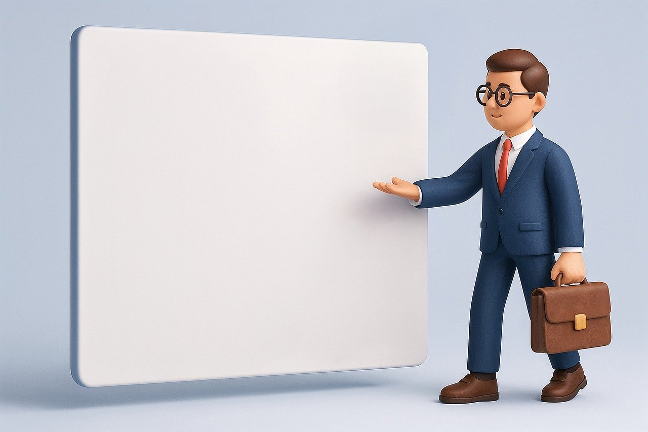 businessman, professional, presentation, manager, corporate, cartoon, 3d render, character, information, board, whiteboard, notes, briefcase, blank space, copy space, education, lecture, marketing, strategy, finance, ai generated