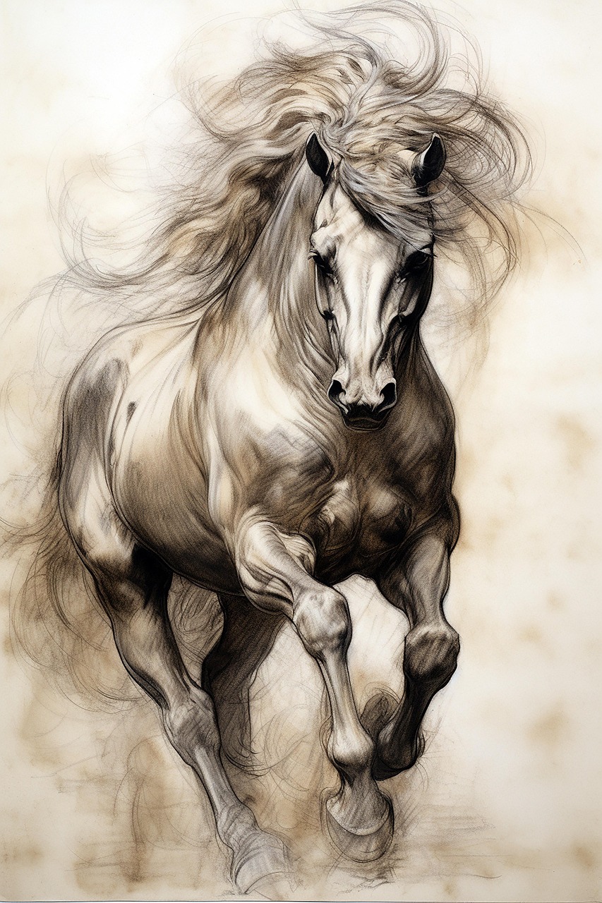 ai generated, horse, equine, equestrian, mane, gallop, equestrian movement, horse anatomy, trotting horse, art, drawing techniques, dynamic sketching, sketch, pencil sketch