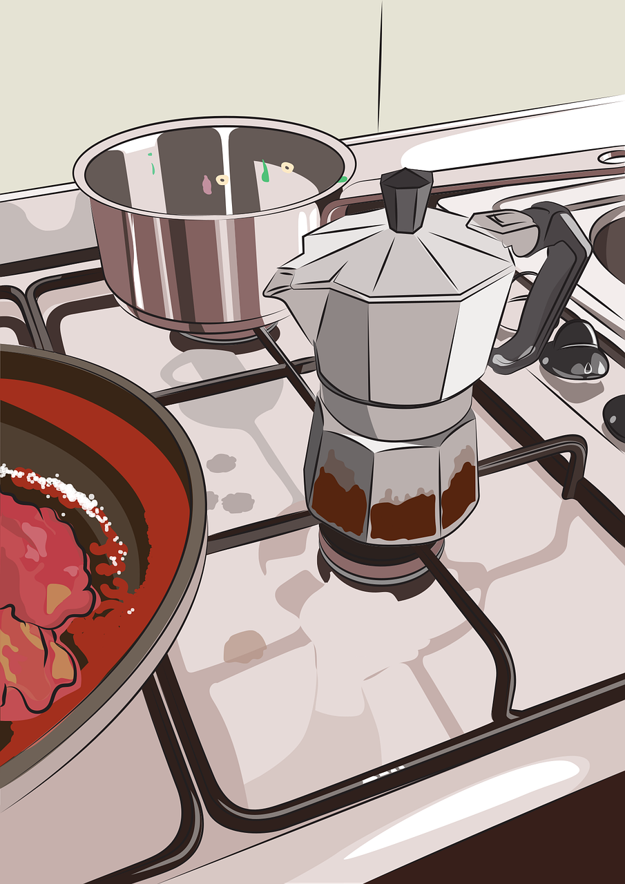 stove, coffeepot, pan, dishes, cooking, kitchen