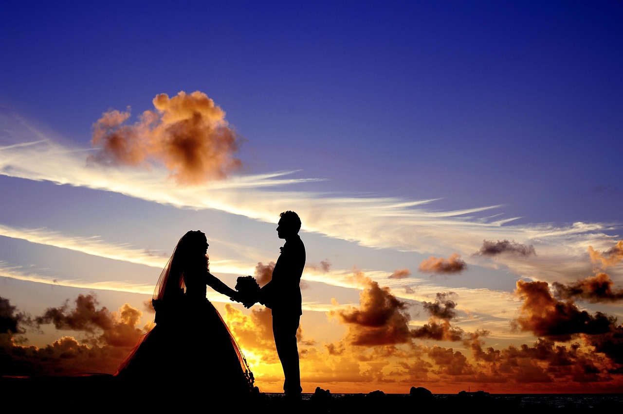 sunset, wedding, silhouettes, marriage, newlyweds, bride, groom, holding hands, couple, bridal, sky, clouds, dusk, romantic, love, romance, man, woman, relationship