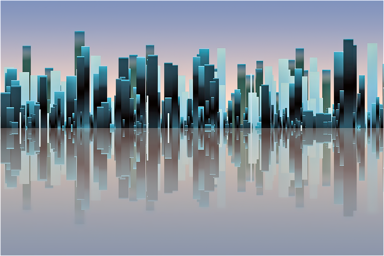 city, skyscrapers, horizon, skyline, digital art, stylized, reflection, towers, columns, rectangular shapes, modern, creative, background
