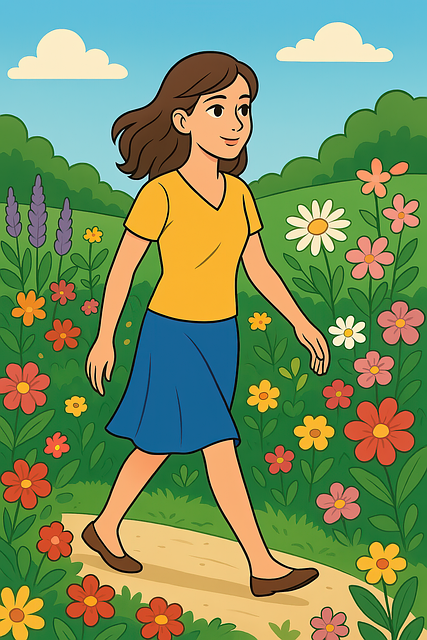woman, portrait, girl, female, walking, exercise, workout, fit, healthy, people, active, flowers, garden, park, iphone wallpaper, book cover, cartoon, ai generated