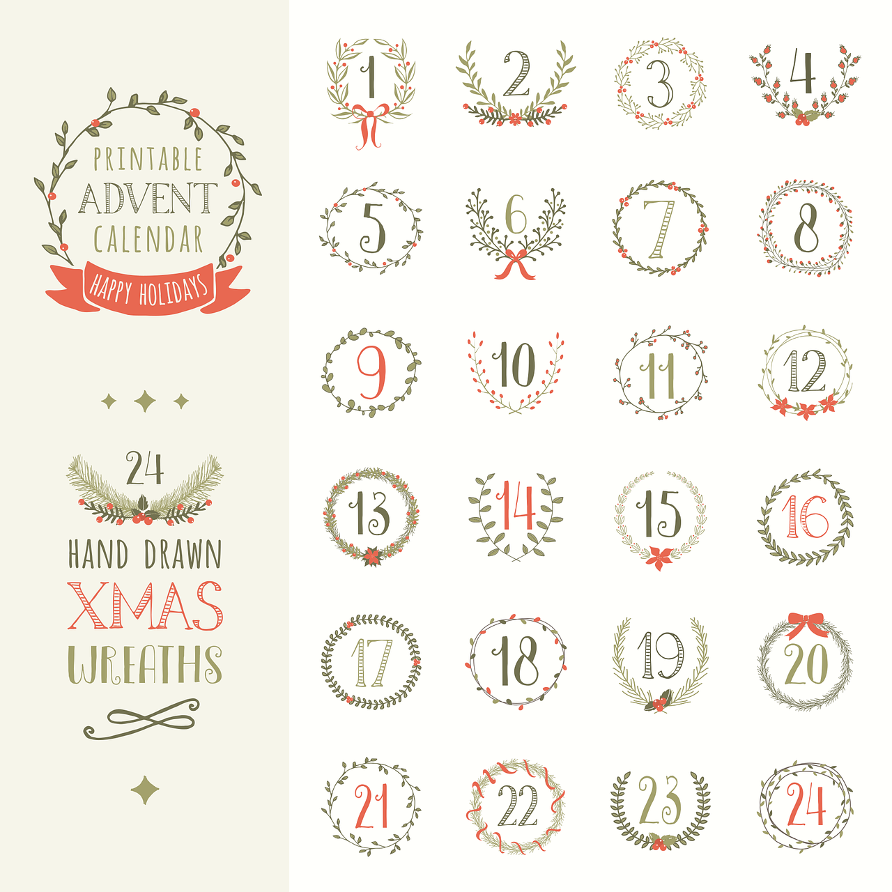 advent, advent calendar, advent calendar printable, berry, bouquet, branches, calendar, celebration, christmas advent, christmas calendar, christmas wreath, countdown, december, doodle, drawing, floral, garland, hand drawn, holiday, holly berries, leaves, printable, winter, wreath, xmas
