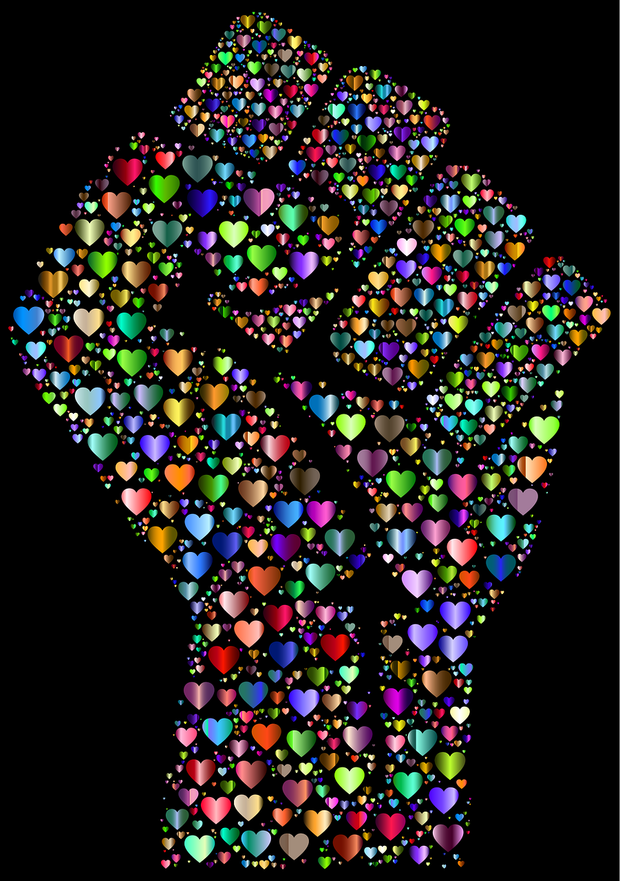 fist, hand, clenched, fingers, colorful, prismatic, chromatic, rainbow, heart, love, passion, valentines