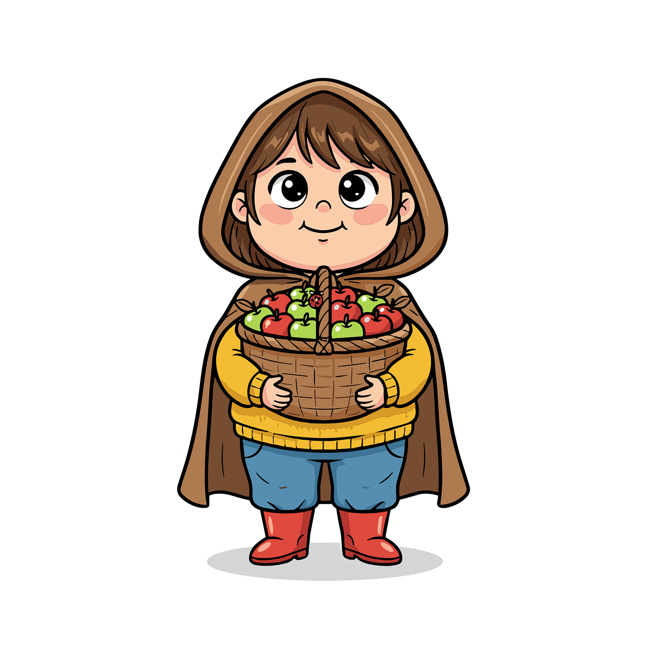 ai generated, girl, autumn, harvest, basket, leaves fall, cartoon, cute kid, seasonal, cozy clothes, thanksgiving, happy child, smiling, countryside, fall season, red boots, autumn outfit, character design, woodland, forest theme, outdoor fun, playful, nature, harvest theme