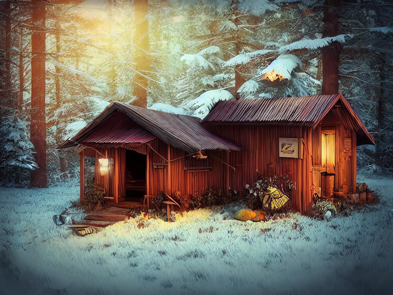 generated, cabin, trapper's cabin, shelters, forest, nature, landscape, great north, quebec, canada