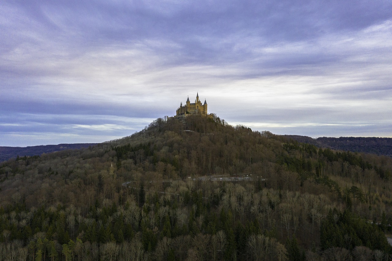 hohenzollern castle, castle, nature, aerial view, hohenzollern, hechingen, fortress, castle complex, zollernalb, baden-wuerttemberg, evening atmosphere, landscape, historical