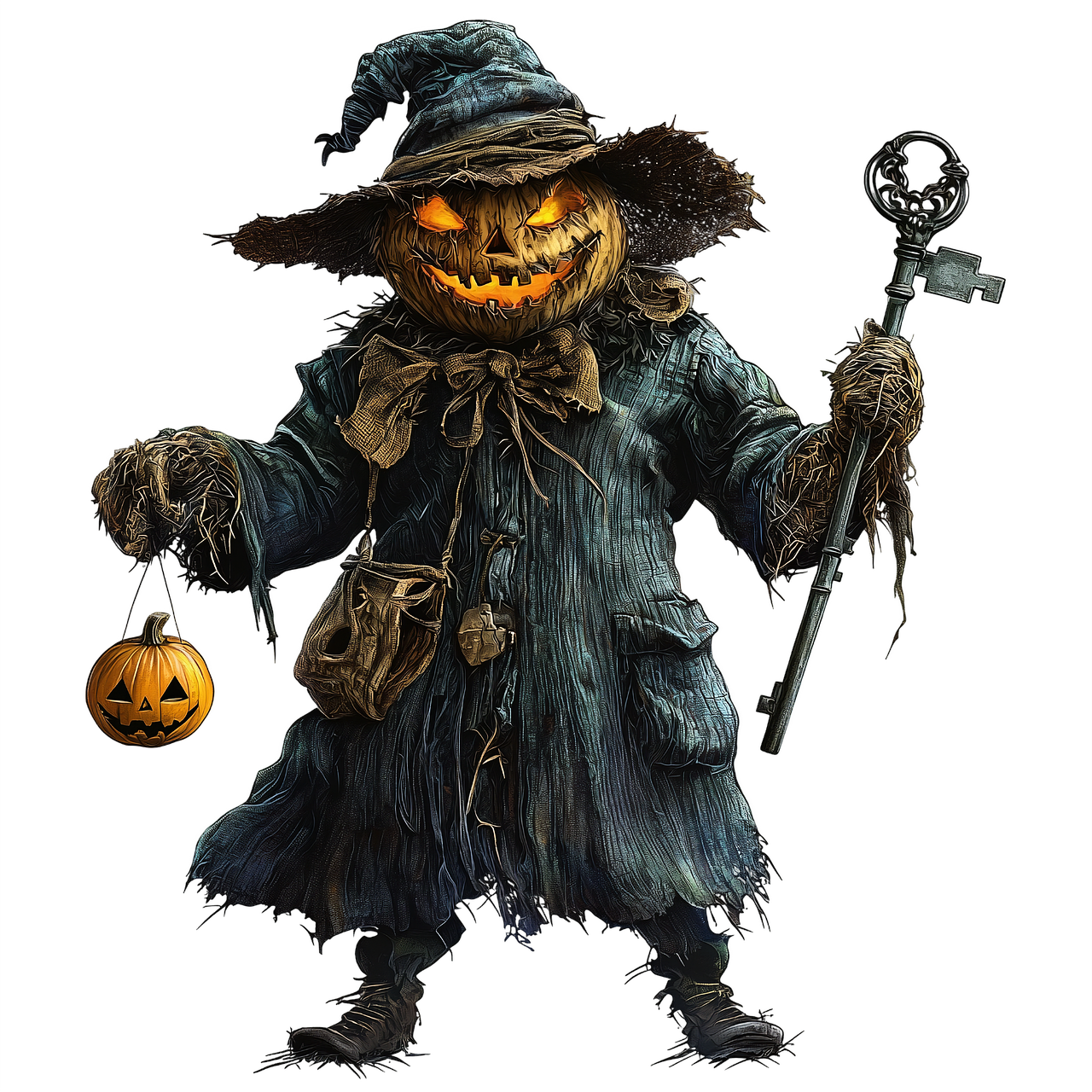 ai generated, halloween scarecrow, pumpkin head, spooky character, scarecrow with lantern, halloween illustration, horror theme, creepy scarecrow, transparent background, haunted scarecrow, glowing eyes, dark fantasy, eerie character, rustic costume, haunted pumpkin, scarecrow with key, fall festival, halloween decor, mysterious scarecrow, haunted farm, pumpkin lantern, horror art, scary halloween, creepy illustration, dark design, cutout