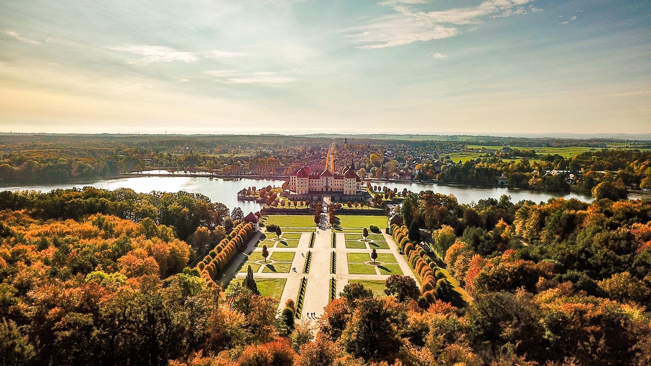 moritz castle, moritzburg palace, germany, saxony, dresden, architecture, nature, aerial view, bird's eye view, landscape, landmark, autumn, tourist attraction, baroque palace, palace, castle