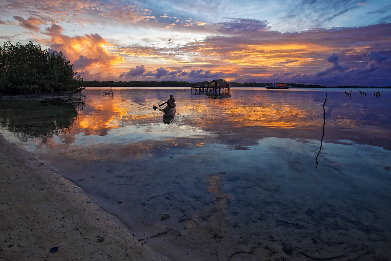 lagoon, boat, evening, the water shed, atoll, widi islands, halmahera, indonesia