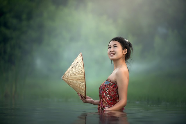 woman, lake, nature, asian, portrait, conical hat, river