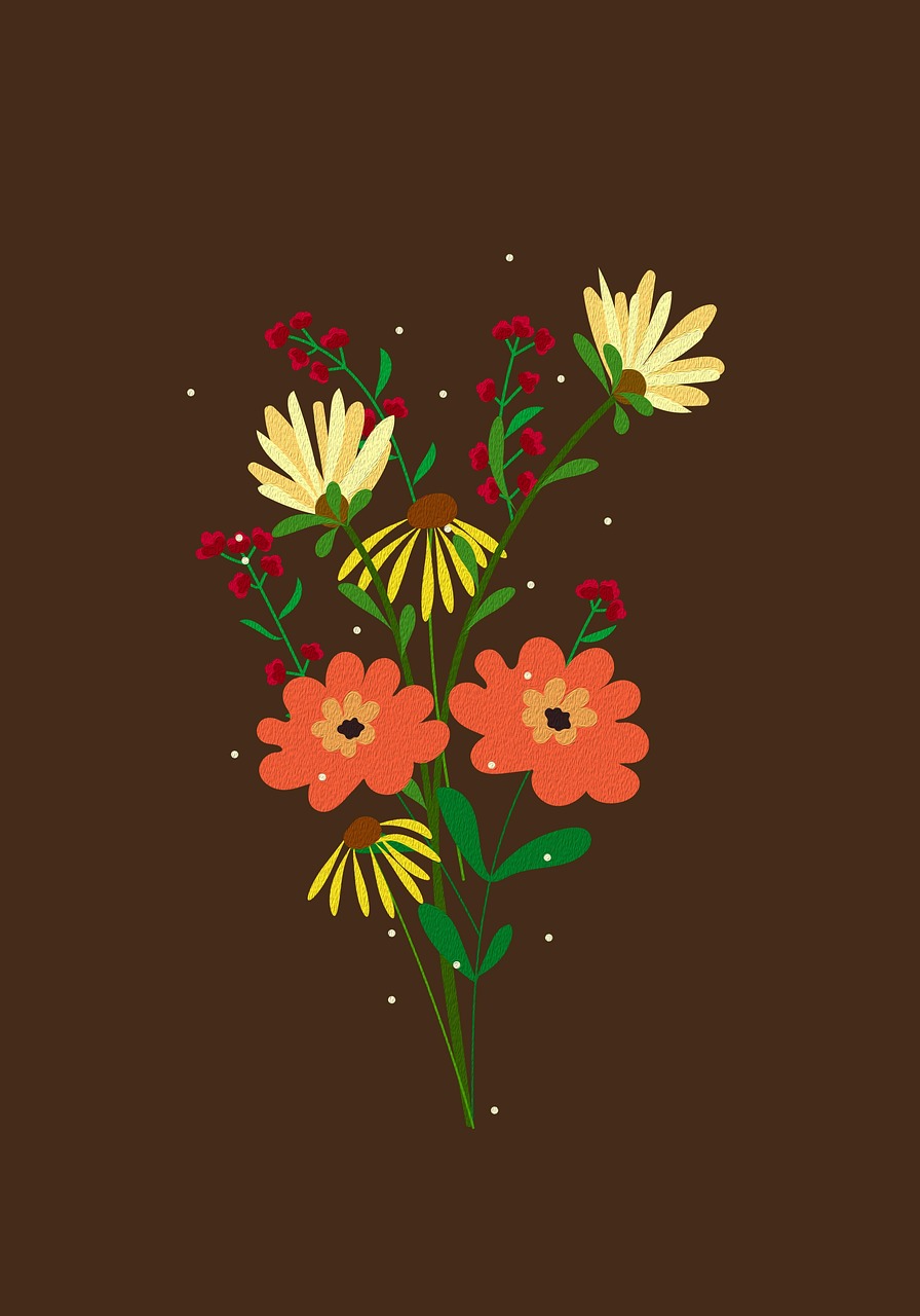 bouquet, flowers, background, drawing, nature, plants, botanical, branch, branches