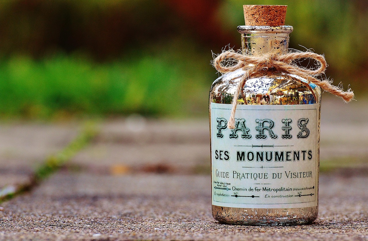 bottle, paris, cork, glass, glass bottle, bottleneck, drink, decoration