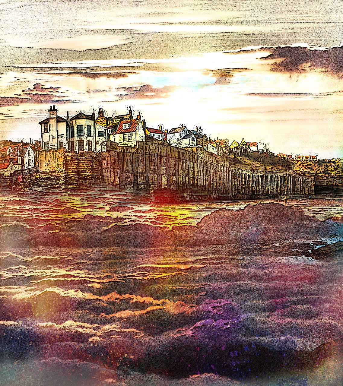 robin hood's bay, england, great britain, city, clouds, memories, north, yorkshire, evening, whitby, town, old, sunset, design, postcard, landscape, journey, puteshestviya, sky, old city