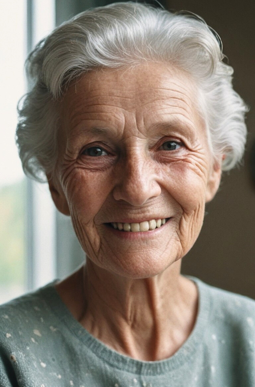 ai generated, elderly, woman, grandma, wrinkles, tenderness, old age, serenity, cheerfulness, portrait, smile