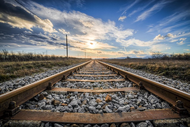 railway, rocks, sunset, sun, sunlight, track, rail, rail track, railway track, rust, rusted, abandoned, railroad track, evening atmosphere, nature, landscape, countryside