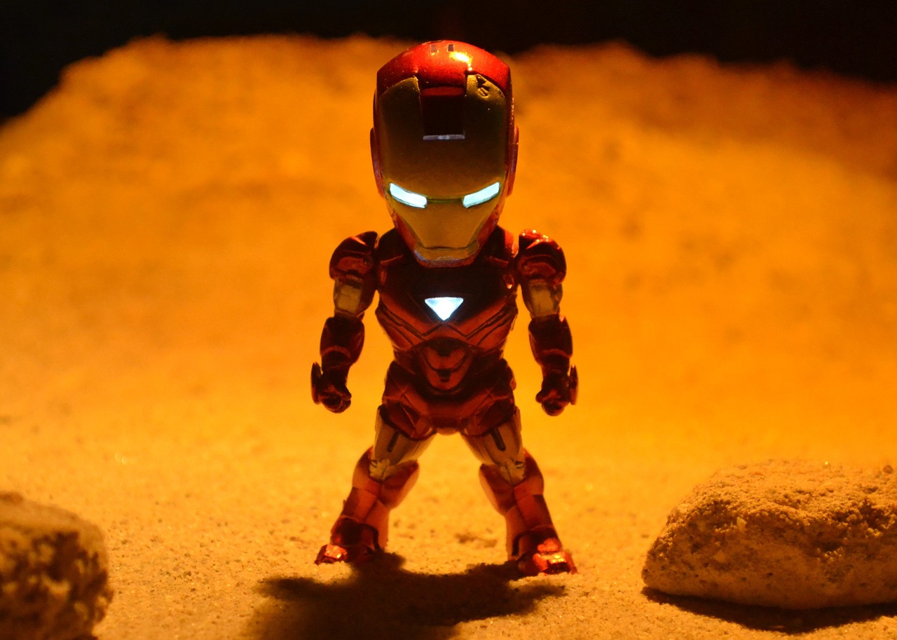 superhero, super, hero, iron man, robotic, standing, stones, hill, night, orange night, orange robot, orange hero, orange stone