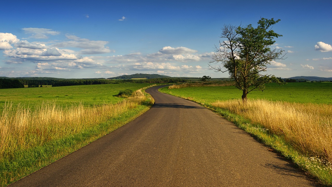 landscape, nature, grass, field, heaven, tree, clouds, blue, landscapes, mood, bright, fields, road, path, sunshine