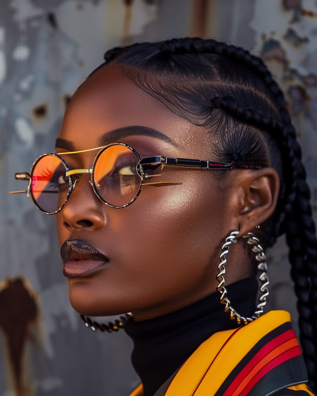 fashion, street style, braids, sunglasses, hoop earrings, bold look, stylish woman, modern, confidence, edgy fashion, portrait, afrocentric, urban fashion, beauty, black woman, accessories, statement jewelry, glam, high fashion, attitude, editorial