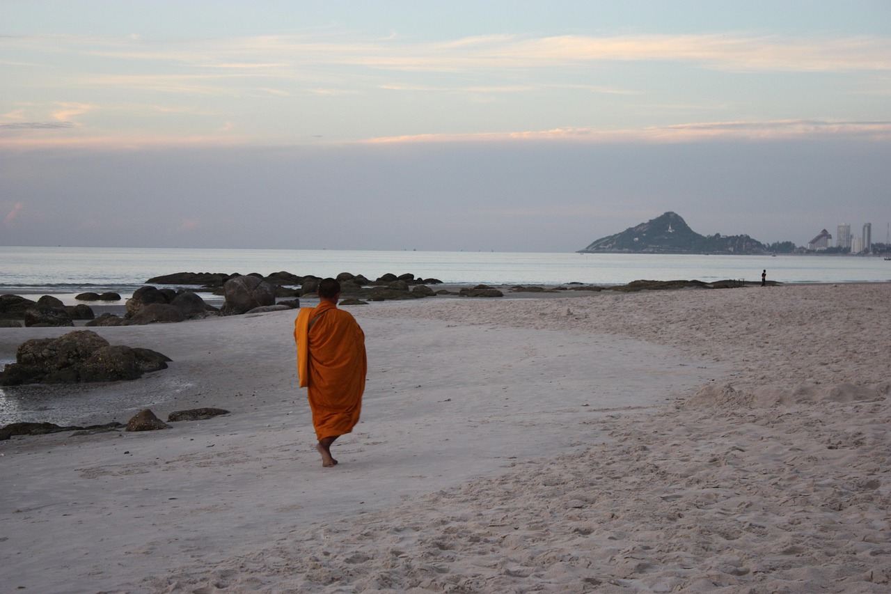 monk, alms, beach, sea view, buddhism, thailand, prachuap khiri khan, hua hin