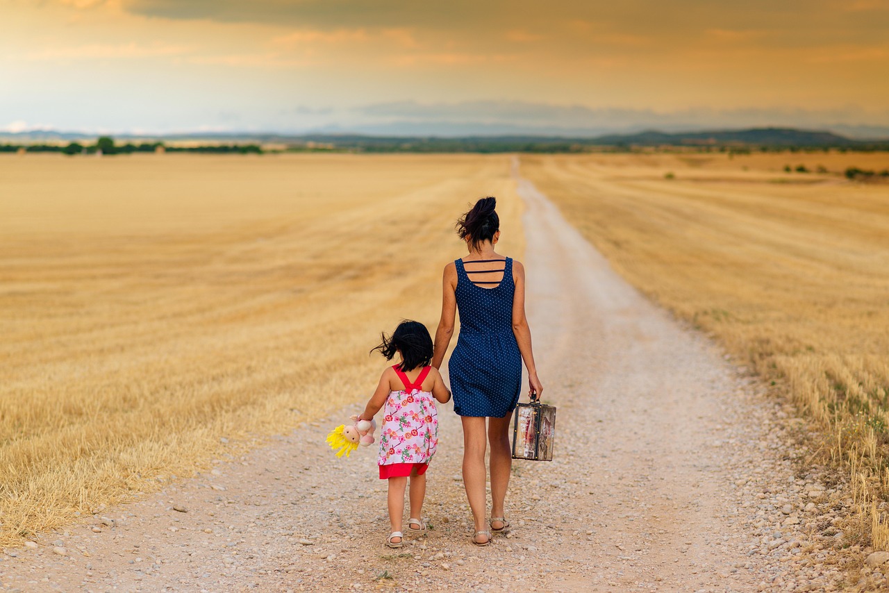 mother, child, walking, walk, strolling, dirt road, girl, family, path, parent, parenthood, holding hands, fields, meadows, rural, countryside, mom, mothers day, mother's day, mum