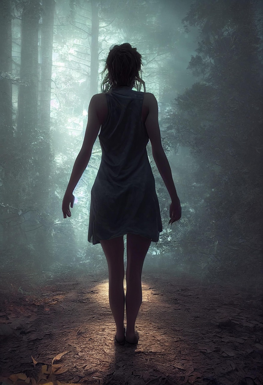 woman, lost, forest, horror, afraid, scared, alone, ai generated