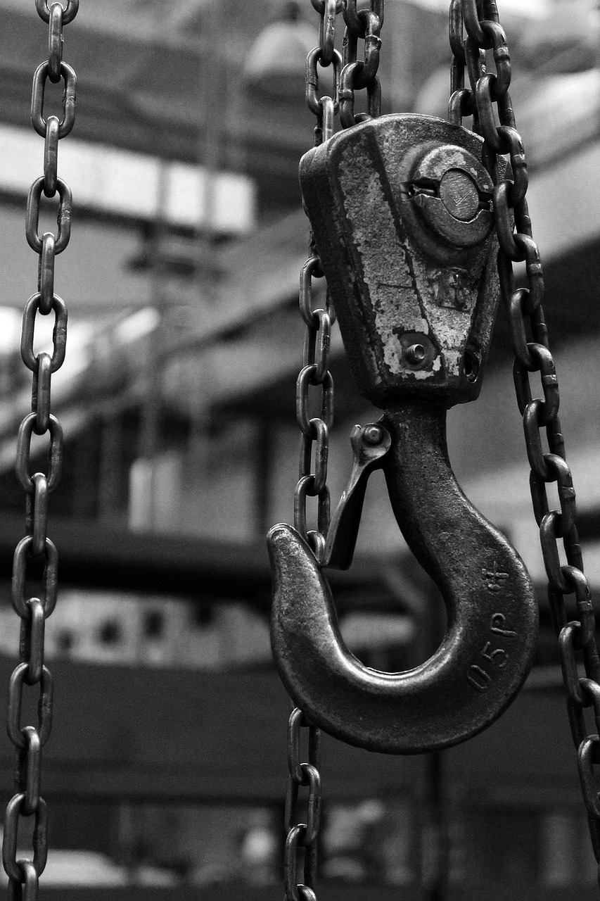 hook, metal, crane, black, chains, heavy, weight, black and white, monochrome