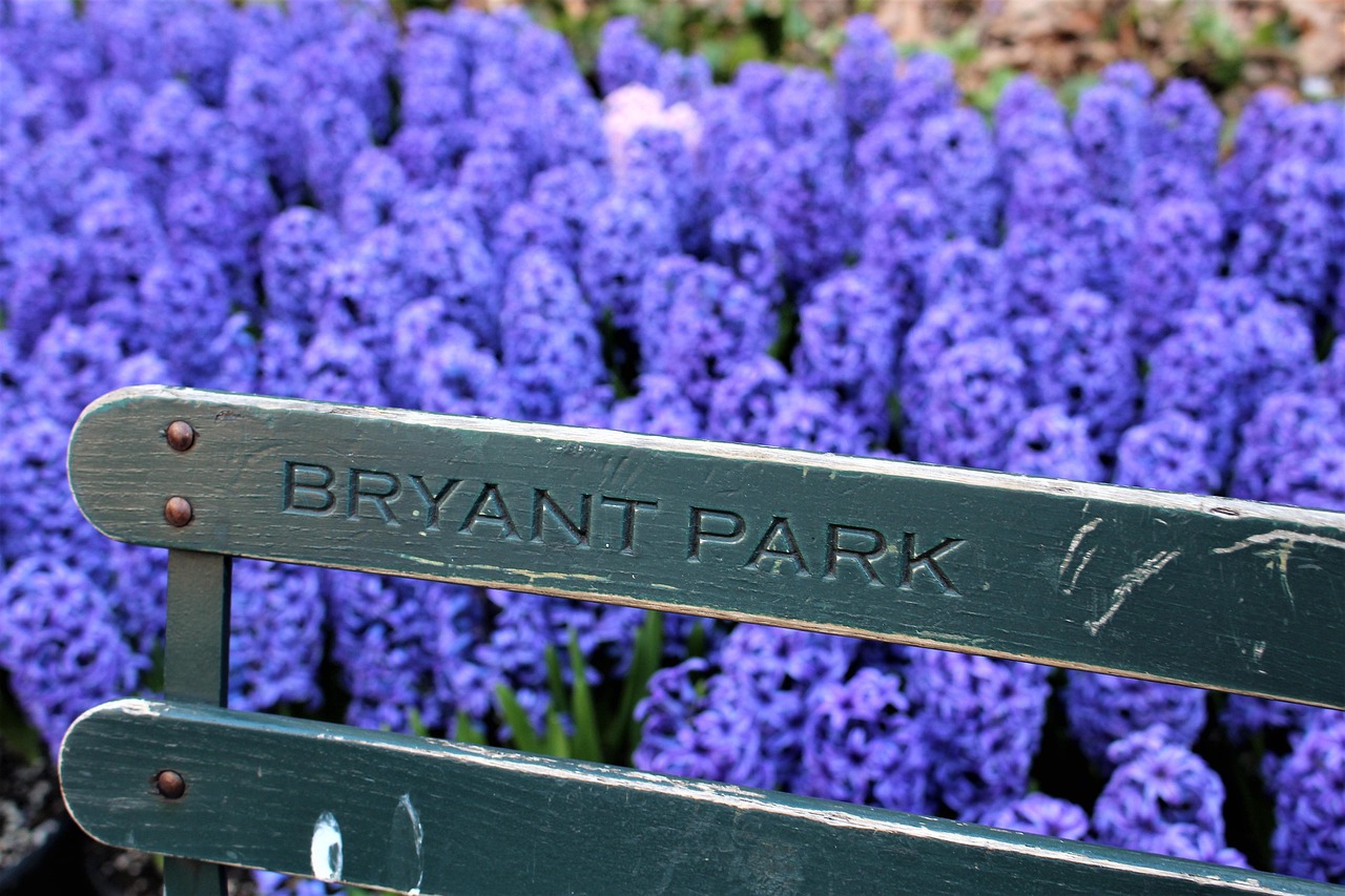 bryant park, fence, flowers, park, new york