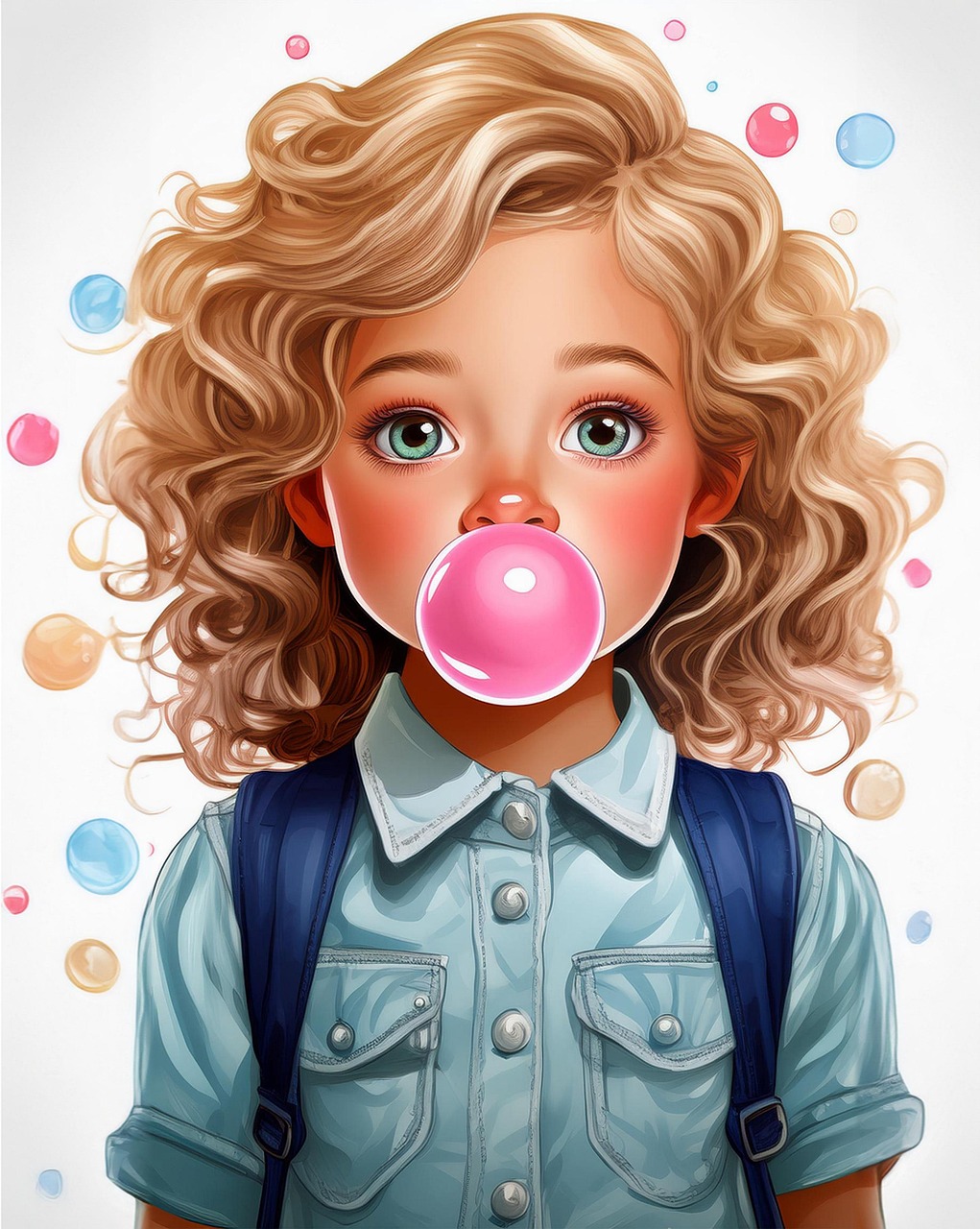 cute, girl, child, curly blonde hair, big eyes, bubble gum, american schoolgirl, pastel colors, cartoon style, hand-drawn, watercolor, hyper-realistic, adorable, pink gum bubble, denim shirt, backpack, playful expression, portrait, ai generated