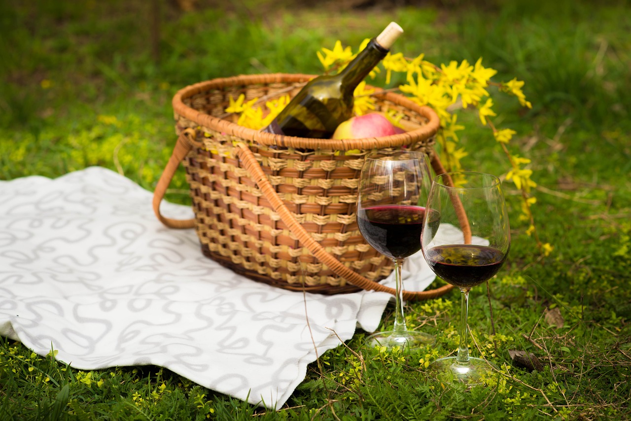 food, basket, wine, picnic, wineglass, green, yellow, red wine